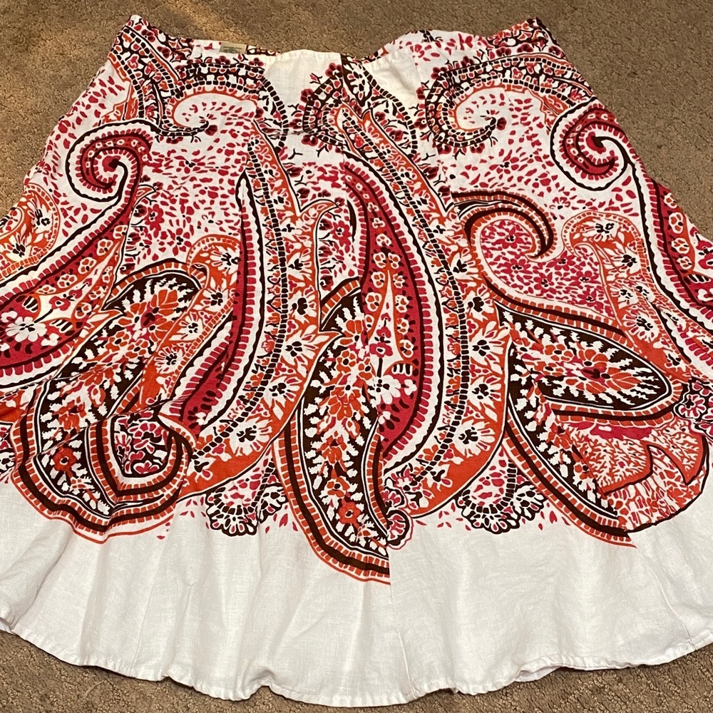 Paisley Print Linen Skirt - Salmon, Pink, Brown on White